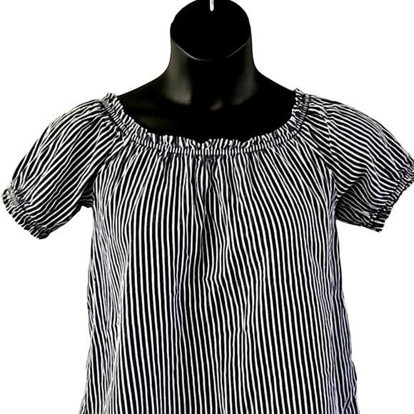 Excellent Active USA Blue White Striped Puff Sleeve Blouse Women’s Size Large - Picture 4 of 6